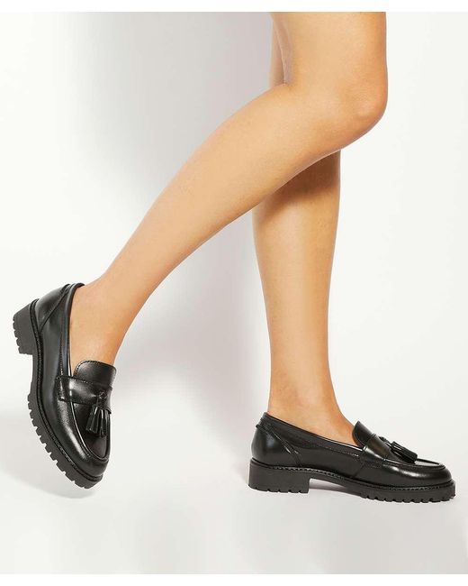 Dune Black Gracelyn Leather Tassel Trim Chunky Loafers