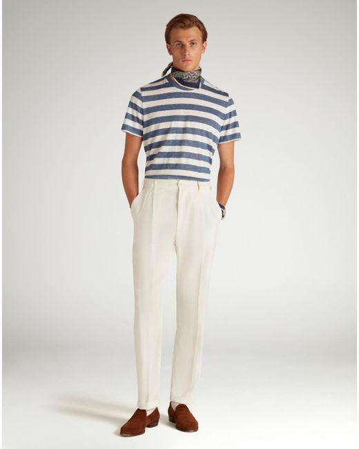 Dunhill Blue Luxury Linen Cotton Wide Stripe Short Sleeve T-Shirt for men