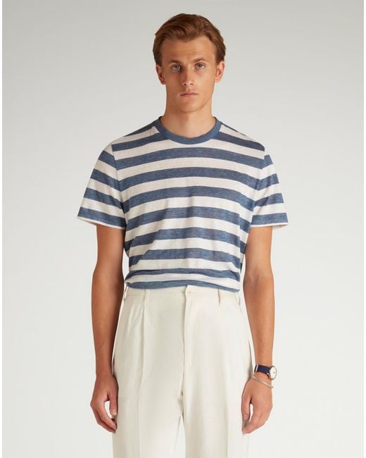 Dunhill Blue Luxury Linen Cotton Wide Stripe Short Sleeve T-Shirt for men