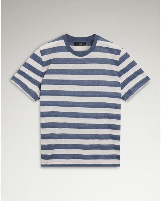 Dunhill Blue Luxury Linen Cotton Wide Stripe Short Sleeve T-Shirt for men