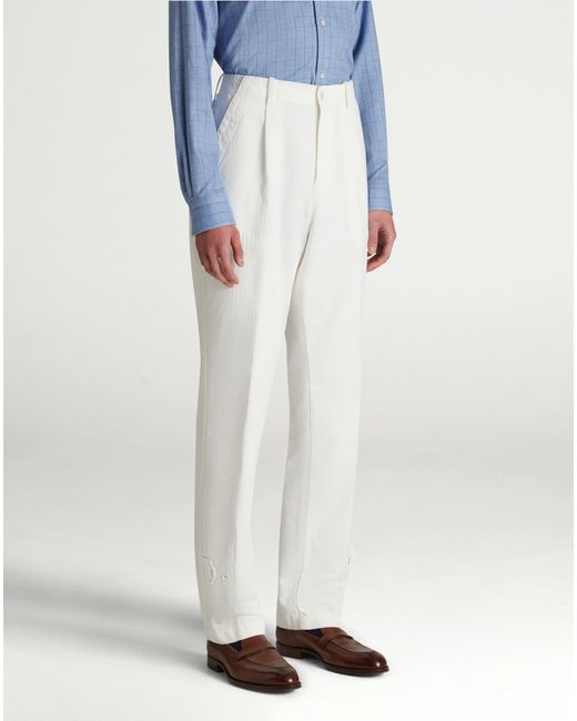 Dunhill White Luxury Cotton Micro Herringbone Single Pleat Tapered Chinos for men