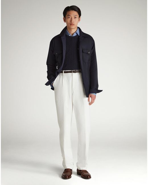 Dunhill White Luxury Cotton Micro Herringbone Single Pleat Tapered Chinos for men