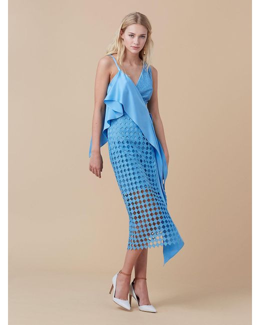 Diane von Furstenberg Blue Asymmetric Lace Wrap Dress
