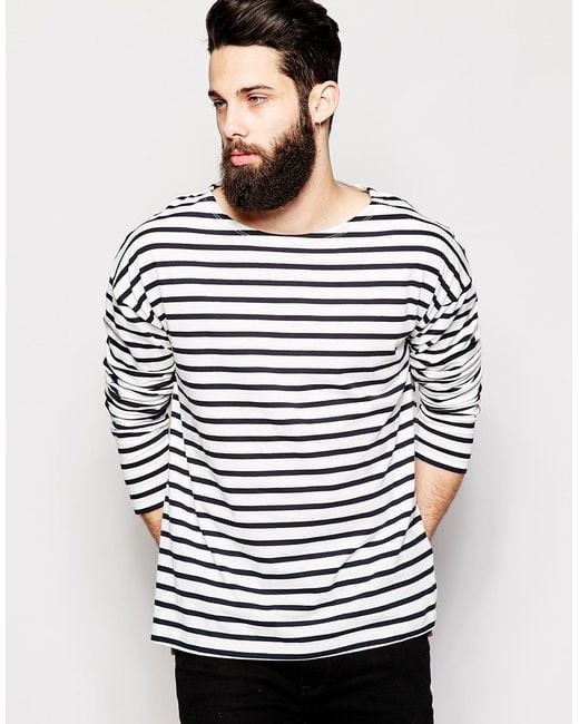 ASOS Blue Oversized Striped Long Sleeve T-shirt With Boat Neck for men