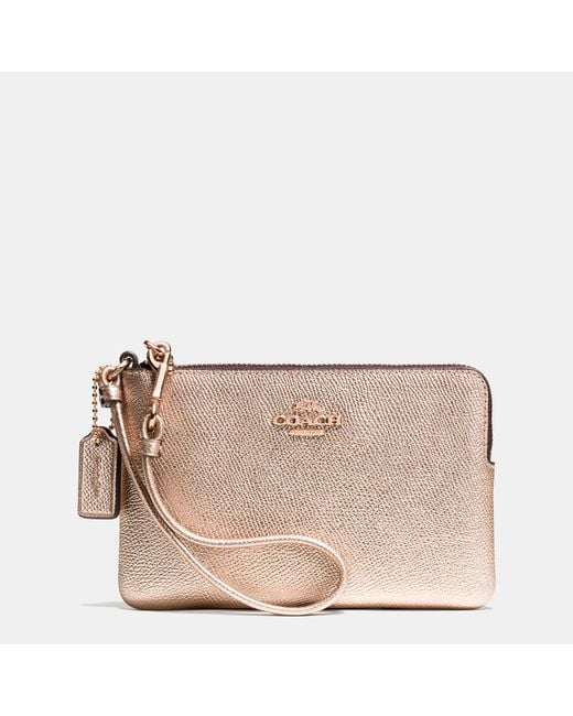 COACH Pink Corner Zip Wristlet In Metallic Crossgrain Leather