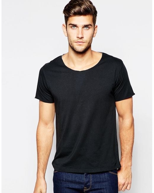 SELECTED Scoop Neck T-shirt With Raw Edge in Black for Men |