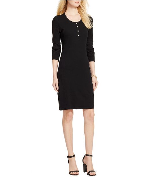 Lauren by ralph lauren Waffleknit Henley Dress in Black Save 63 Lyst