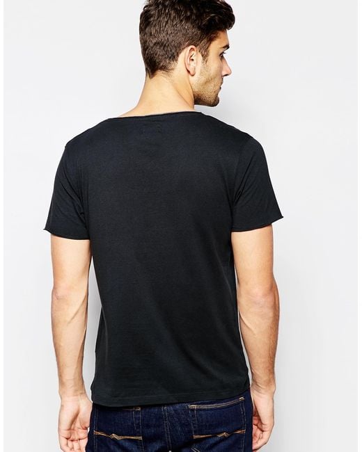 SELECTED Black Scoop Neck T-shirt With Raw Edge for men