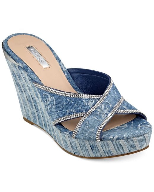 Guess Blue Eleonora Platform Wedge Slide Sandals