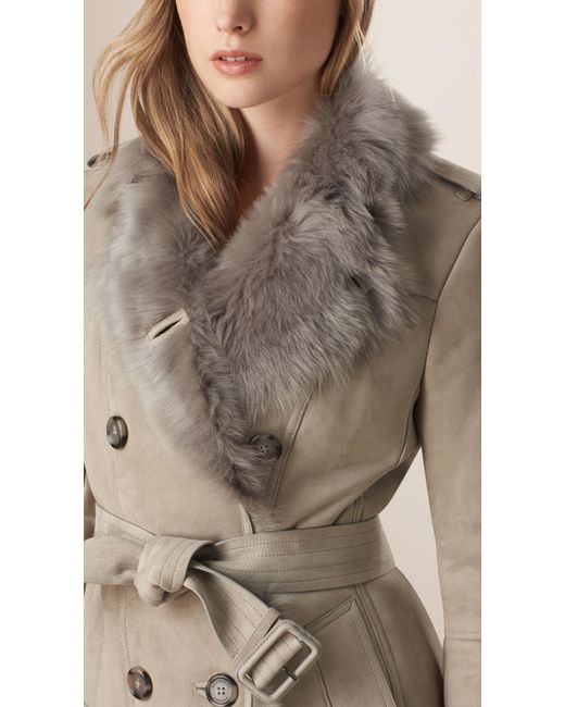Burberry Shearling Trench Coat in Gray | Lyst