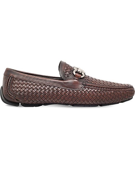 Ferragamo Brown Woven Leather Driving Shoes for men