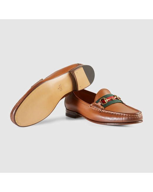 Gucci Brown Leather Horsebit Loafer With Web for men