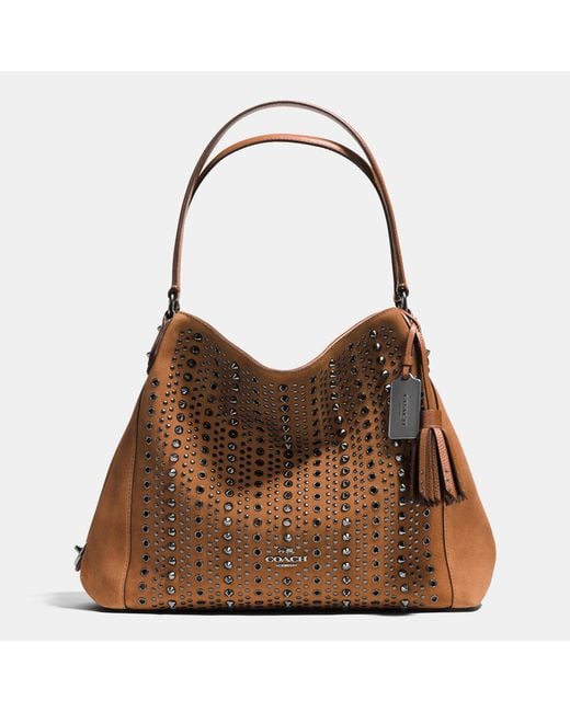 COACH Brown All Over Studs And Grommets Edie Shoulder Bag 31 In Suede