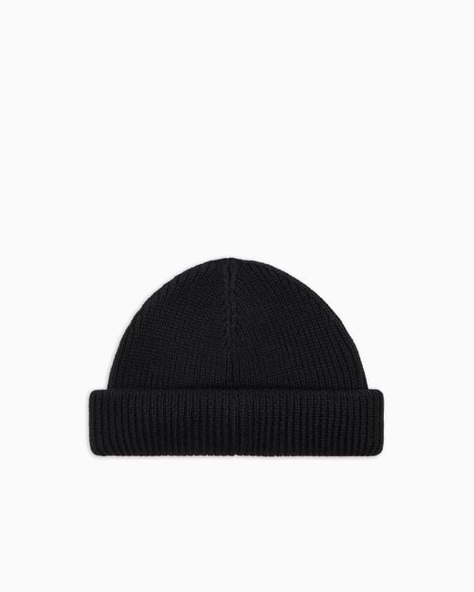 EA7 Black Fisherman Wool Knit Beanie With Logo Mountain Core
