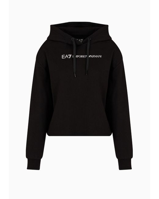 EA7 Black Cropped Baumwoll-sweatshirt Shiny Mit Kapuze