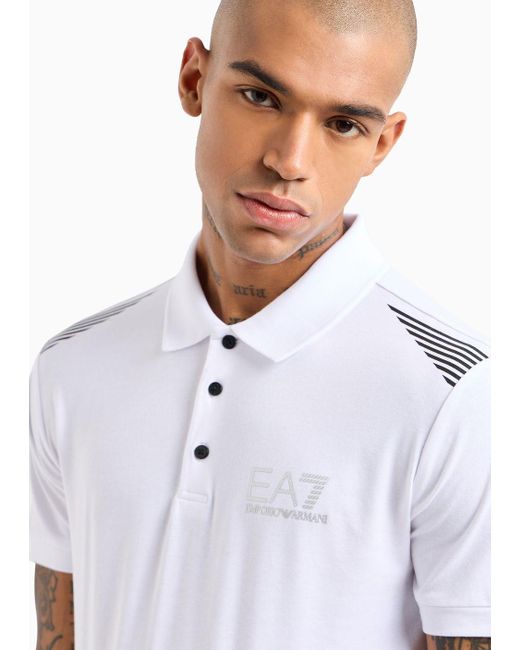 EA7 White Asv 7 Lines Recycled-fabric Short-sleeved Polo Shirt for men