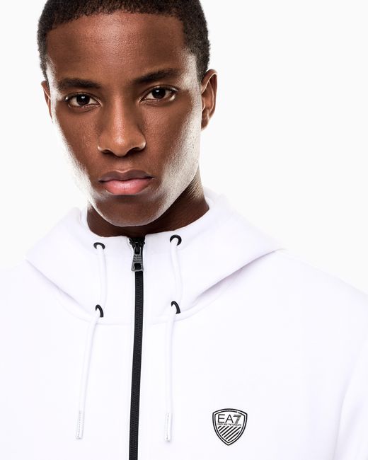 EA7 White Regular Fit Full-Zip Hoodie Premium Shield for men