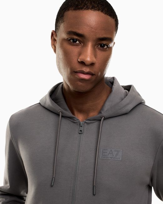 EA7 Gray Logo Series Cotton Hooded, Zip-Up Sweatshirt for men
