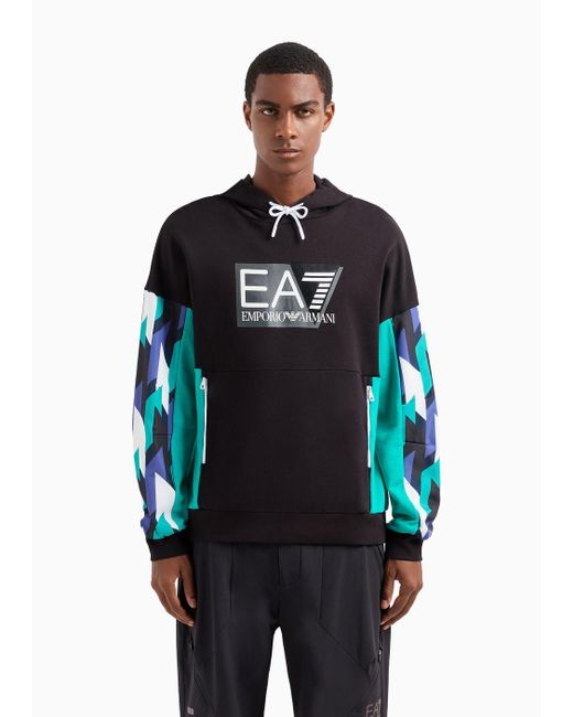 EA7 Black Cotton Hooded Graphic Series Sweatshirt for men