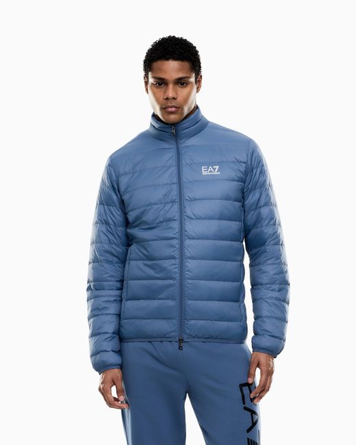 EA7 Blue Packable Down Jacket With Front Zip Core Identity for men