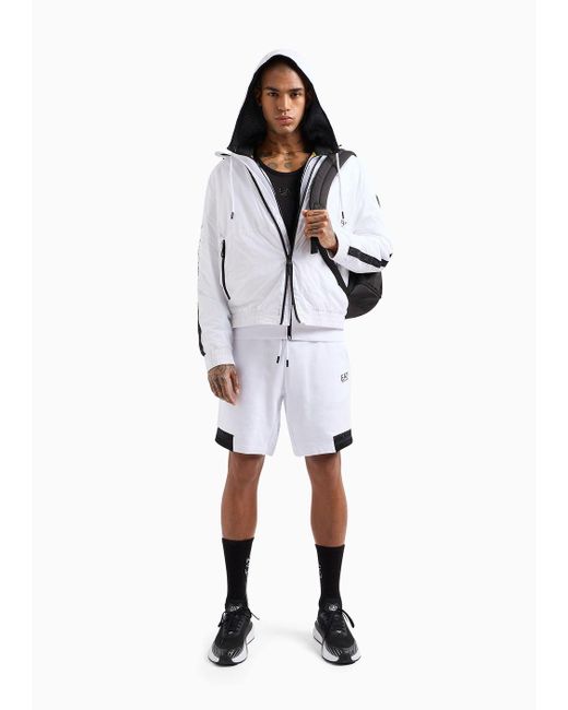 EA7 White Logo Series Recycled-fabric Hooded Jacket for men