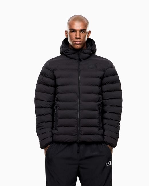 EA7 Blue Technical Fabric Padded Jacket With Hood for men