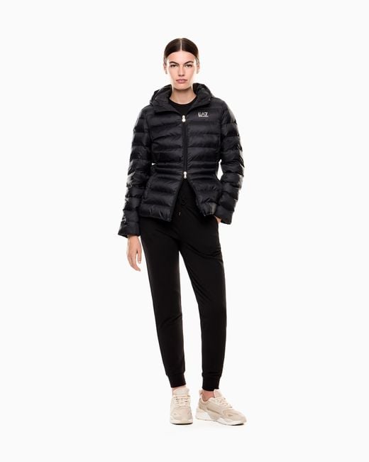 EA7 Black Padded Jacket With A Fixed Hood And Front Zip Core Lady
