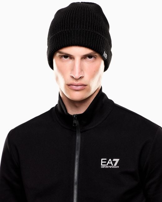 EA7 Black Fisherman Wool Knit Beanie With Logo Mountain Core