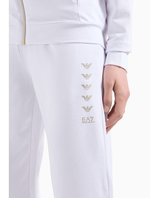 EA7 White Asv Organic Cotton-blend Tracksuit With Rhinestone Eagle Logo