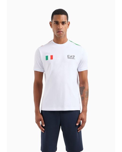 T-shirt Girocollo Graphic Series In Cotone Con Bandiera di EA7 in White da Uomo