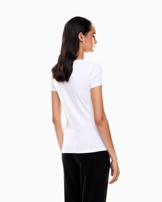 EA7 White Stretch Crew Neck Slim T-Shirt With Micro Studs Evolution