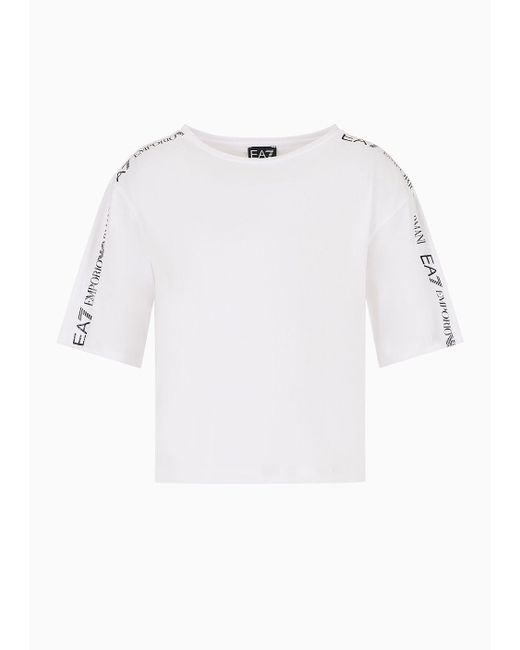 EA7 White Shiny Cotton Crew-neck T-shirt