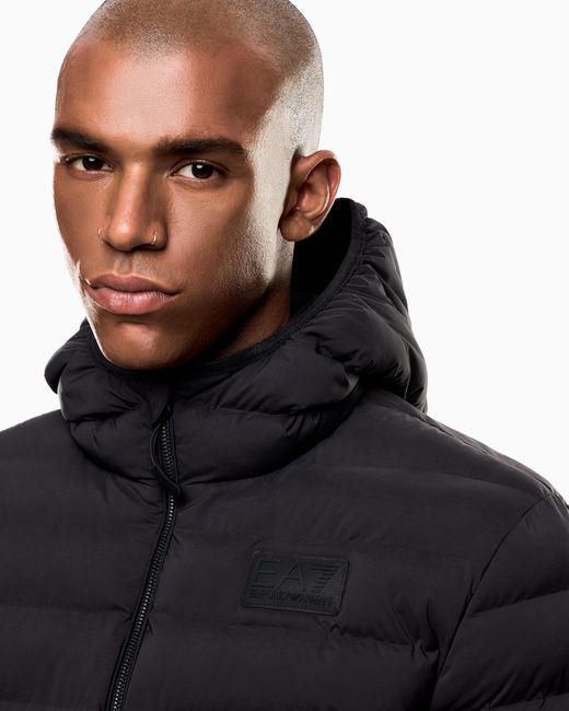 EA7 Blue Technical Fabric Padded Jacket With Hood for men