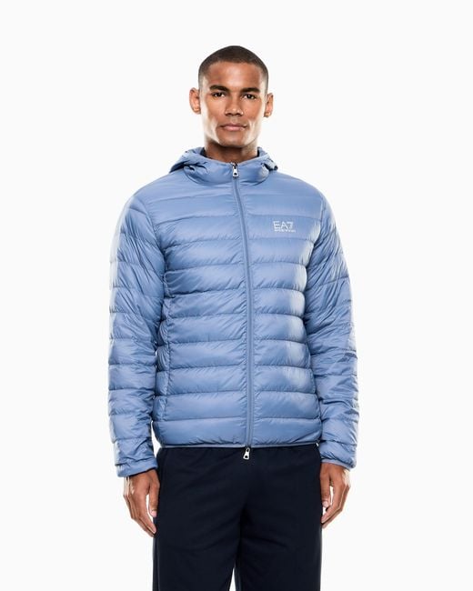 EA7 Blue Insulated Down Jacket With Fixed Hood Core Identity for men