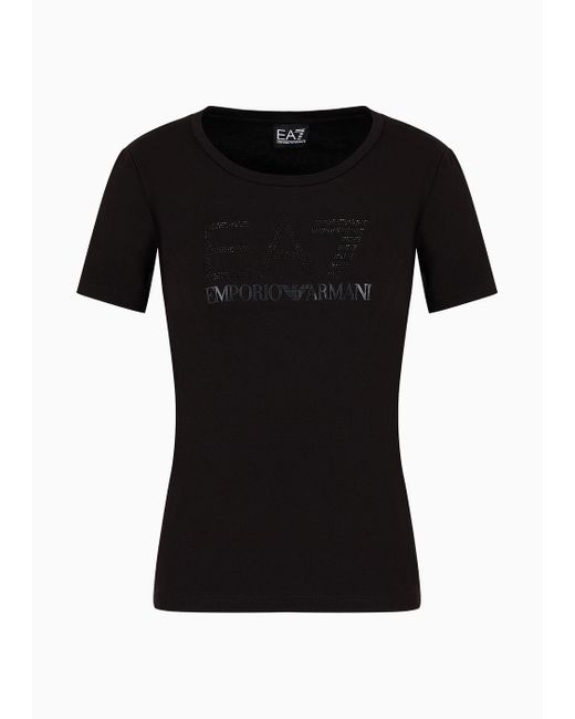 EA7 Black Logo Series Stretch-cotton T-shirt With Rhinestone Logo