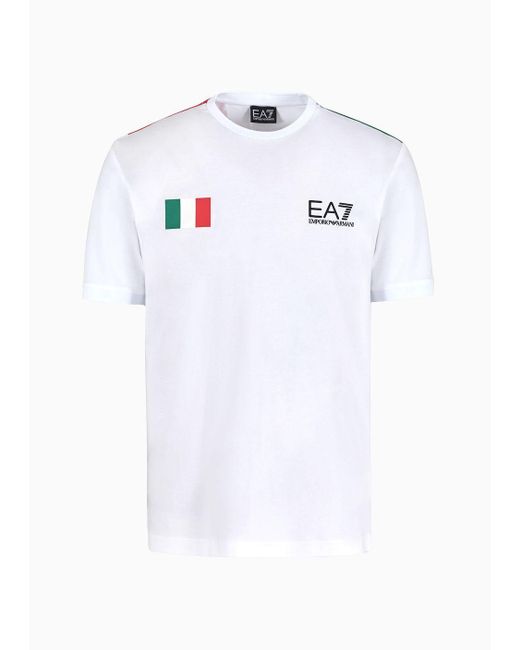 T-shirt Girocollo Graphic Series In Cotone Con Bandiera di EA7 in White da Uomo