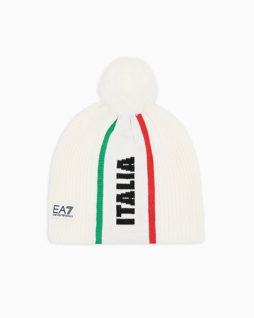 EA7 White Wool-Blend Beanie With Pom-Pom