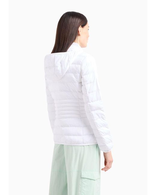 EA7 White Core Lady Recycled Technical Fabric Padded Hooded Jacket