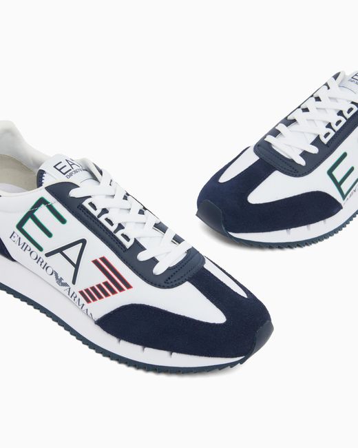 EA7 White Fabric Sneaker With Suede Inserts Vintage