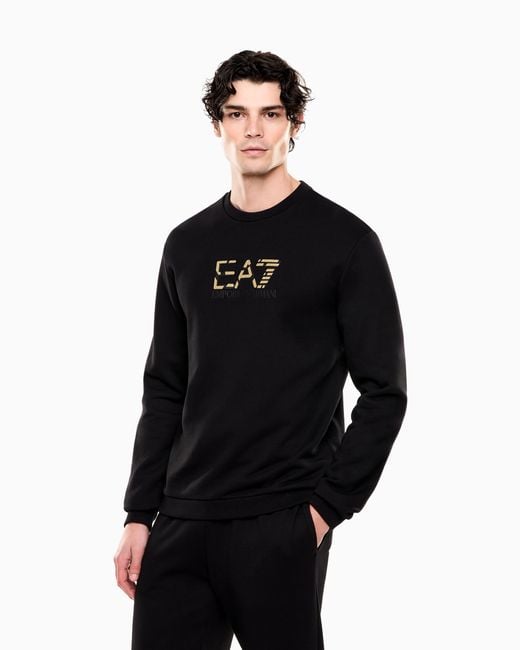 EA7 Black Premium Label Cotton Crew-Neck Sweatshirt for men