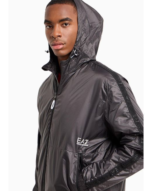 EA7 Gray Logo Series Recycled-fabric Hooded Jacket for men