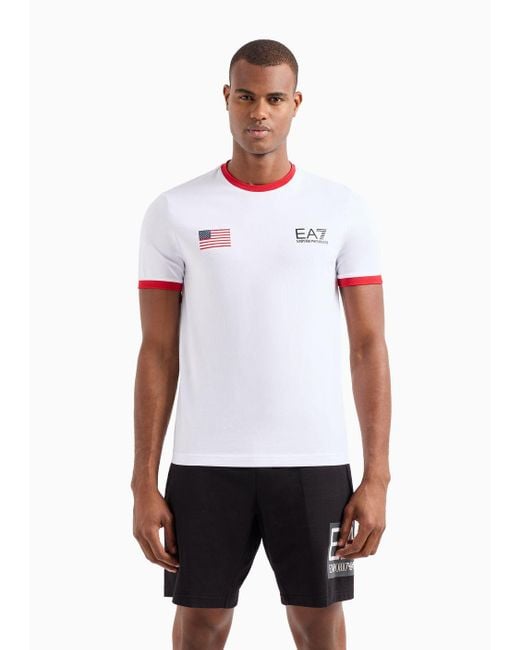 EA7 White Graphic Series Cotton Crew-neck T-shirt With Flag for men