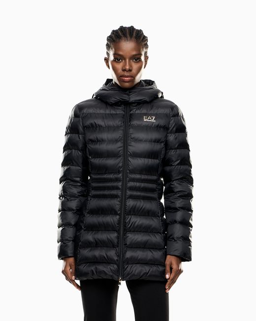 EA7 Black Padded Nylon Hooded Pea Coat