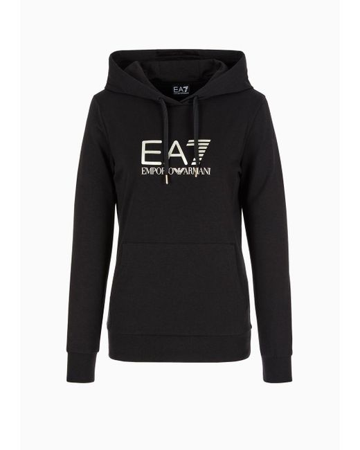 EA7 Black Shiny Stretch-cotton Hooded Sweatshirt