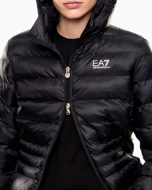 EA7 Black Padded Jacket With A Fixed Hood And Front Zip Core Lady