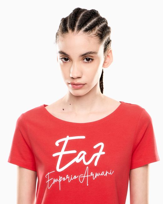 EA7 Red Logo Series T-Shirt Mit U-Boot-Ausschnitt, Gefertigt Aus Baumwollstretch
