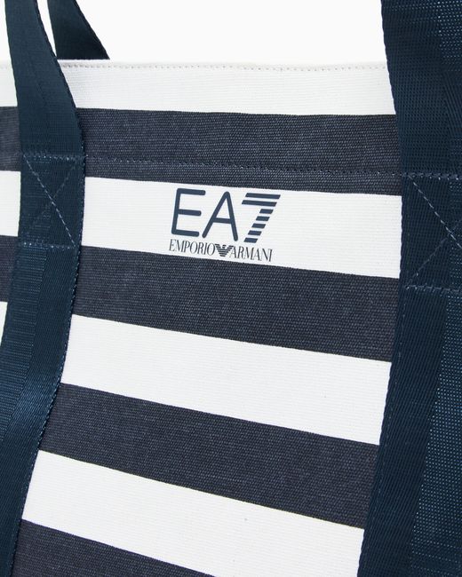 EA7 Blue Striped Cotton Shopper Bag