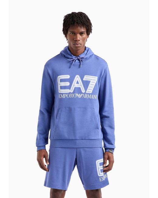 EA7 Logo Series Sweatshirt Aus Baumwolle Mit Kapuze in Blue für Herren