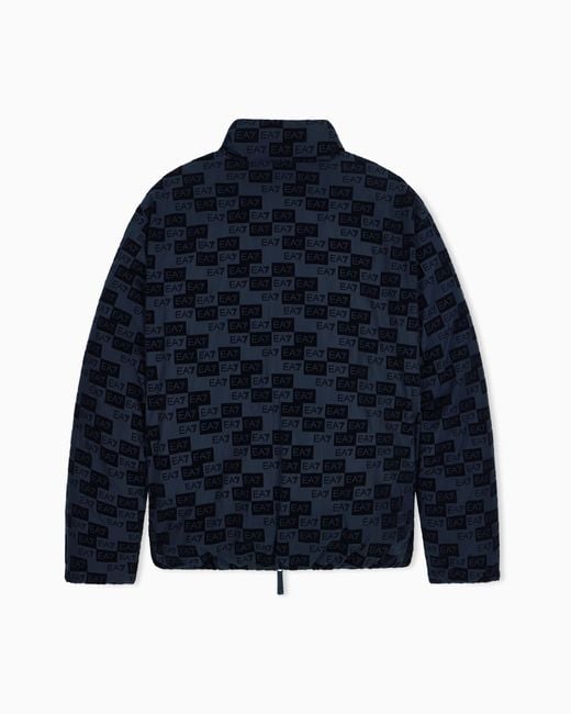 EA7 Blue Oversized Hooded Bomber Jacket With Velvet Monogram for men