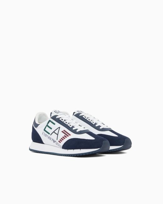 EA7 White Fabric Sneaker With Suede Inserts Vintage